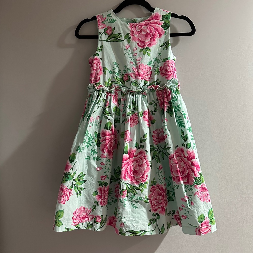 Gymboree Girls Floral Dress Aqua Pink Peony Ruffle Sleeveless Party Size 10